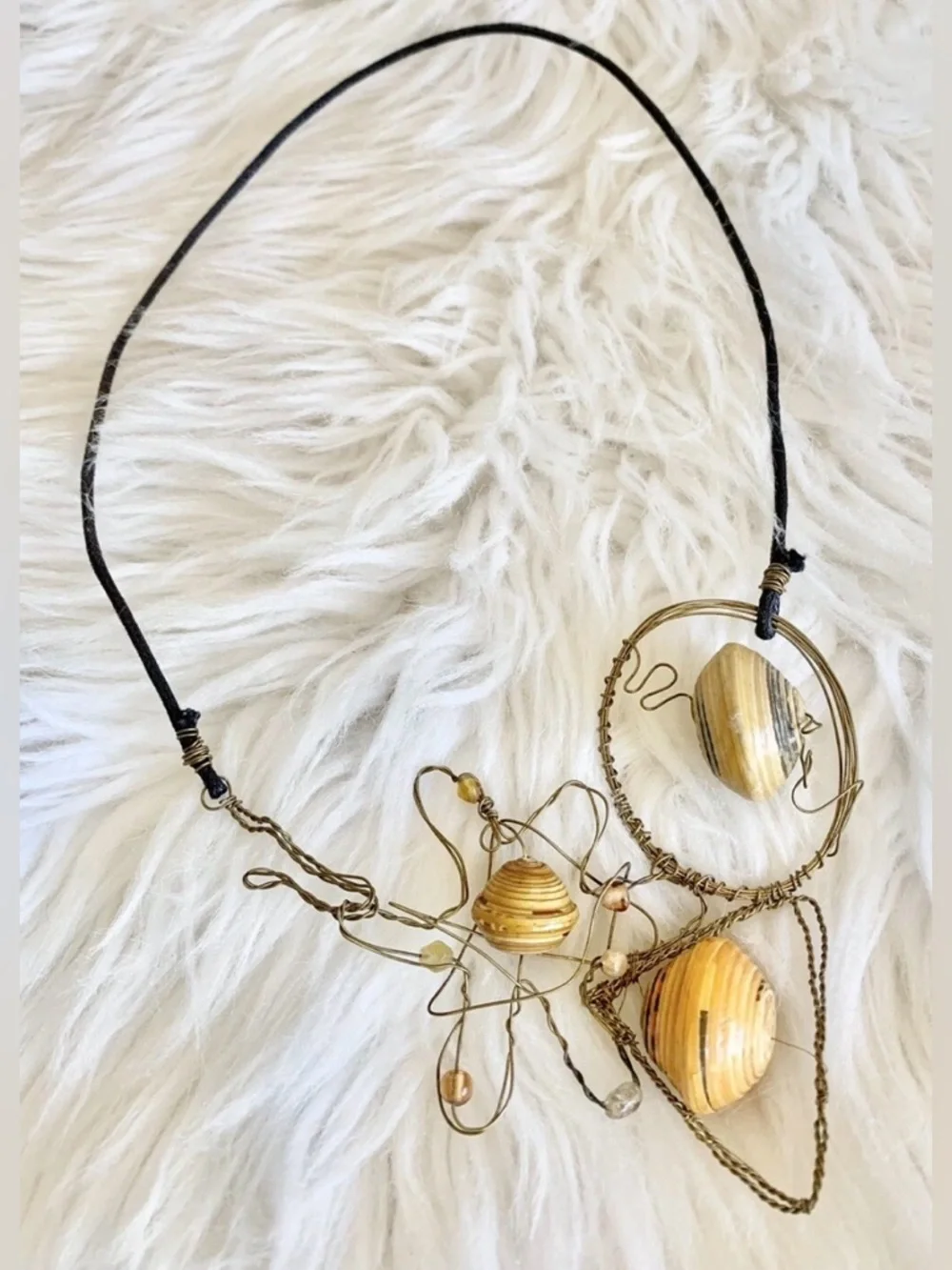 Artisan Handcrafted Necklace Brass Wire Yellow Bead Boho Artsy Statement